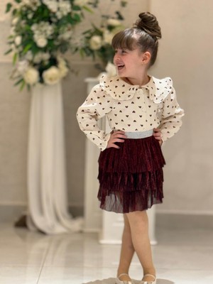 Yiğit Butik Kalp Desenli Müslin Gömlekli Etekli Kız Çocuk Takım