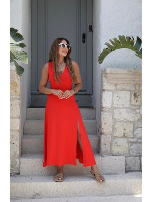 Moderie Butik Kadın Askılı V Yakalı Yırtmaçlı Viskon Elbise