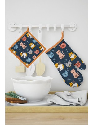 Özbience Sevimli Kedi Desenli Eldiven ve Tutacak Seti, Renkli ve Kullanışlı