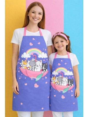 Özbience Lila Kedi Temalı Mutfak Önlüğü Çift Seti, Çocuklar ve Anne Için Eğlenceli Tasarım