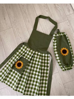 Özbience Yeşil Keten Ayçiçek Motifli Sıvı Geçirmez Önlük ve Poşetlik Seti