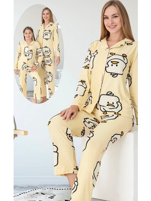 Civciv Desenli Anne Kız Süet Pijama Takımı