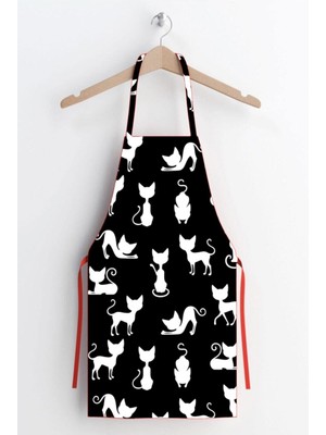 Özbience Siyah Kedi Desenli Leke Tutmaz Kumaş Mutfak Önlüğü