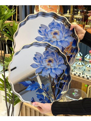 Özbience Şık Mavi Çiçekli Aynalı Lüks Tepsi Çiftli Set