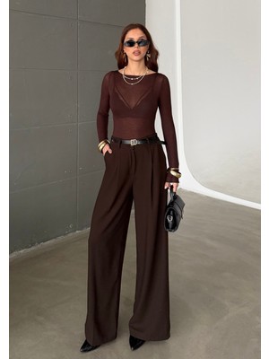 Bejna Kadın Pileli Kemerli Geniş Paça Pantolon