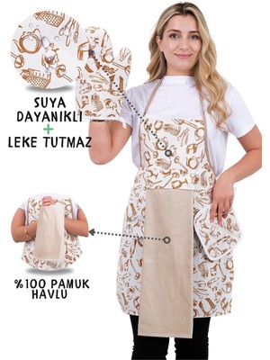 Özbience Su ve Sıvıya Dayanıklı Mutfak Önlüğü Seti, Havlu ve Tutacak ile Birlikte