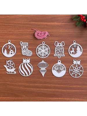 Go İthalat 10 Parça Kırmızı Beyaz Ipli Karışık Model Ahşap Yılbaşı Ağaç Süsü (5473)