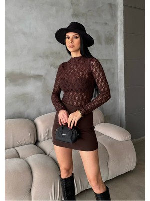 Bejna Kadın Dik Yaka Likralı Dantel Bluz