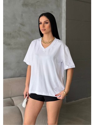 Bejna Kadın V Yaka Yaka Oversize %100 Pamuklu Basic T-Shirt