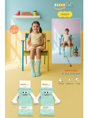 Color Socks 1 Çift Turkuaz Çocuk Mıknatıslı El Ele Tutuşan Çoraplar Topuksuz (6-12 Yaş)
