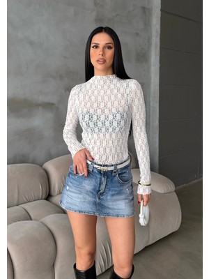 Bejna Kadın Dik Yaka Likralı Dantel Bluz