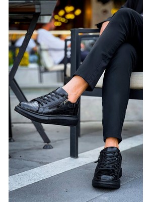 Zapatos KB309 Erkek Günlük Bağcıklı Fermuarlı Croco Desenli Cilt Spor Sneaker Ayakkabı Cst - Siyah
