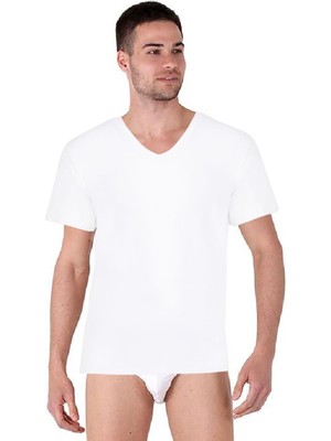 Thermoform Bambu Erkek V Yaka Tişört Kısa Kollu Fanila Atlet ve Slip Külot Seti Beyaz