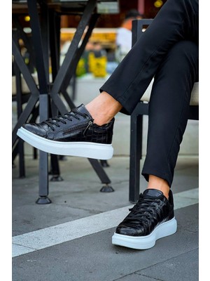 Zapatos KB309 Erkek Günlük Bağcıklı Fermuarlı Croco Desenli Cilt Spor Sneaker Ayakkabı Cbt - Siyah