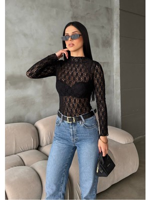 Bejna Kadın Dik Yaka Likralı Dantel Bluz