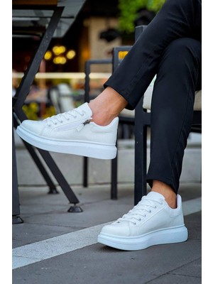 Zapatos KB309 Erkek Günlük Bağcıklı Fermuarlı Croco Desenli Cilt Spor Sneaker Ayakkabı Cbt - Beyaz