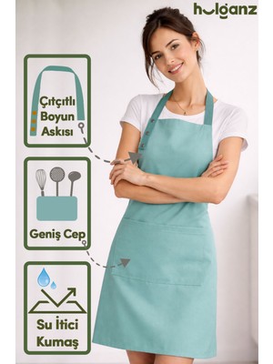 Özbience Su Geçirmez, Leke Tutmaz, Şık Mutfak Önlüğü, Mint Yeşili, Çıtçıtlı, Boyun Askılı