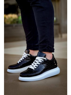 Zapatos KB047 Erkek Günlük Bağcıklı Croco Desenli Cilt Spor Sneaker Ayakkabı Cbt - Siyah