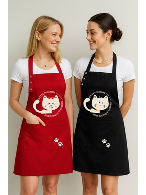 Özbience Leke Tutmaz Su Itici Kumaşlı 2'li Mutfak Önlüğü Seti, Siyah Kedi Desenli