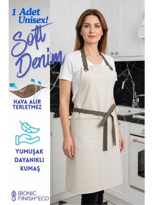 Özbience Şık Seramik ve Denim Detaylı Çok Amaçlı Gri Önlük