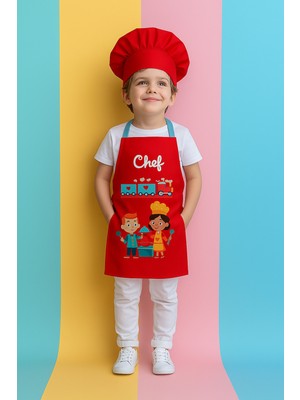 Özbience Kırmızı Trenli Çocuk Mutfak Önlüğü ve Şapka Seti, Eğlenceli ve Şık