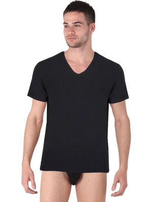 Thermoform Bambu Erkek V Yaka Tişört Kısa Kollu Fanila Atlet ve Slip Külot Seti Siyah