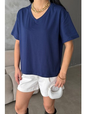 Bejna Kadın V Yaka Yaka Oversize %100 Pamuklu Basic T-Shirt