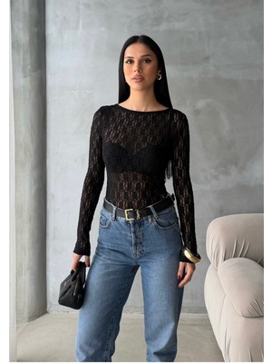 Bejna Kadın Kayık Yaka Likralı Dantel Bluz