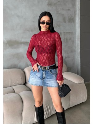 Bejna Kadın Dik Yaka Likralı Dantel Bluz