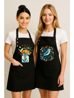 Özbience Leke Tutmaz Su Itici Kumaş Çiçek ve Kuş Desenli Mutfak Önlüğü Seti