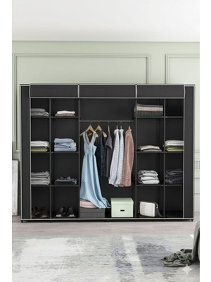 Dzgn Home Çok Amaçlı Bez Dolap 18 Raflı Hangar Boy Gardırop Siyah