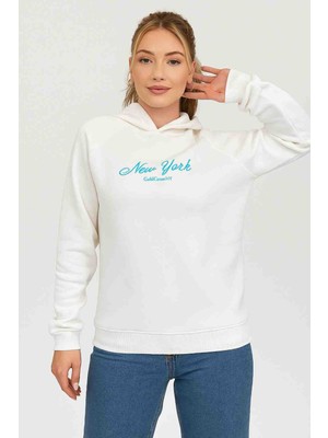 Zentoni Önü Nakışlı Kapşonlu Şardonlu Beyaz Sweat