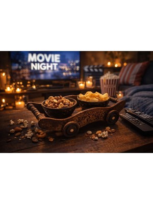 Seymen Bıçakçılık Ahşap Arabalı Çerezlik & Sunum Tepsisi | Film Gecesi Atıştırmalık Sunumu | Dekoratif Servis Tabağı