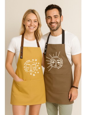 Özbience Su Itici Mutfak Önlük Seti 2'li, Hardal Kahve, Ay Güneş Temalı, Leke Tutmaz