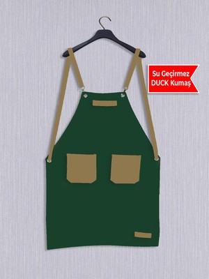 Özbience Haki-Krem Renkli Cepli Mutfak Önlüğü Tokalı, Şef ve Barista Için