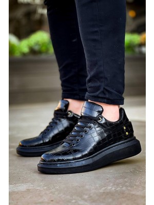 Zapatos KB047 Erkek Günlük Bağcıklı Croco Desenli Cilt Spor Sneaker Ayakkabı Cst - Siyah