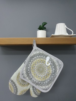 Özbience Otantik Mandala Temalı Fırın Eldiveni Seti, Gri 35X40 cm