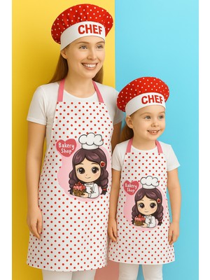 Özbience Kırmızı Puantiyeli Anne Çocuk Mutfak Önlüğü Seti (2 Şapka, 2 Önlük)