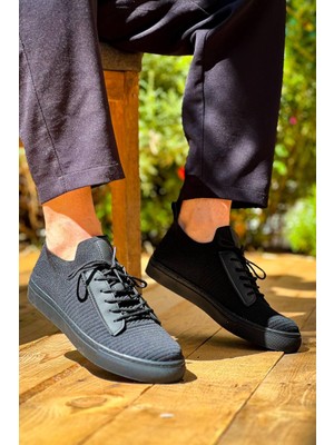 Zapatos KB110 Erkek Günlük Bağcıklı Triko Spor Sneaker Ayakkabı Tst - Siyah