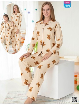Angel Valeska Ayıcık Desenli Düğmeli Uzun Kollu Anne Kız Pijama Takımı