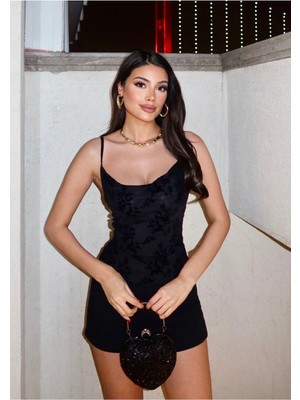 Bejna Kadın Askılı Kadife Desenli Astarlı Tül Bluz