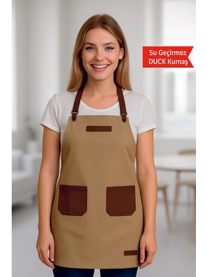Özbience Krem Kahve Tokalı Cepli Mutfak Önlüğü, Şef, Garson, Aşçı ve Barista Için Ideal