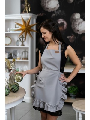 Özbience Şık Keten Fırfırlı Bohem Mutfak Önlüğü Gri Renk