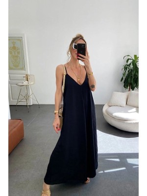 Moderie Butik Kadın Ip Askılı V Yakalı Uzun Aerobin Elbise