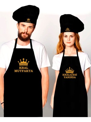 Özbience 2’li Siyah Mutfak Önlüğü ve Aşçı Şapkası Seti, Altın Baskı