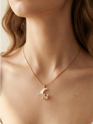 Craftique Beyaz Işıltılı Ay Hilal ve Takım Yıldızı Çelik Kolye – Zirkon Taşlı Minimal ve Şık Takı