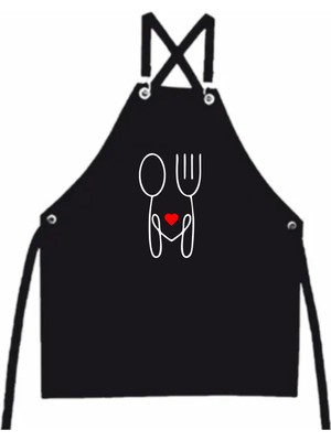 Özbience Şık Siyah Kombin Masterchef Önlük, Kalpli Baskılı, Mutfak Stili
