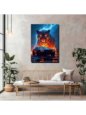 Artprinta Şimşekli Leopar ve Spor Araba Kanvas Tablo – Güç & Adrenalin Temalı Duvar Dekoru