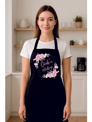 Özbience Kişiye Özel Pembe Çiçek Desenli Siyah Mutfak Önlüğü
