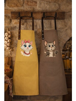 Özbience Leke Tutmaz Su Itici Mutfak Önlüğü Seti, Şef Kedicik Desenli, Çift Paket